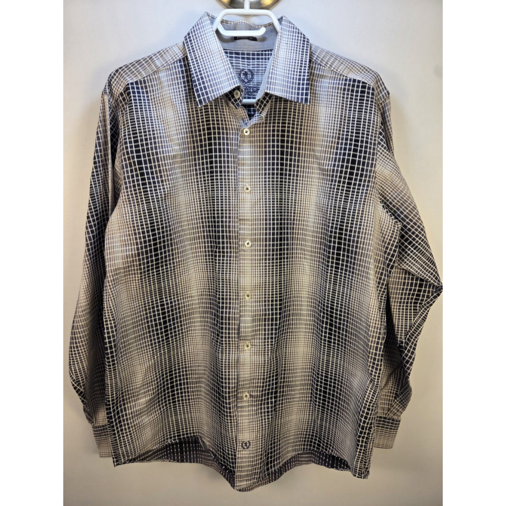 Bugatchi Uomo Classic Fit Men's Shirt Size Large Gray Black and White Squared